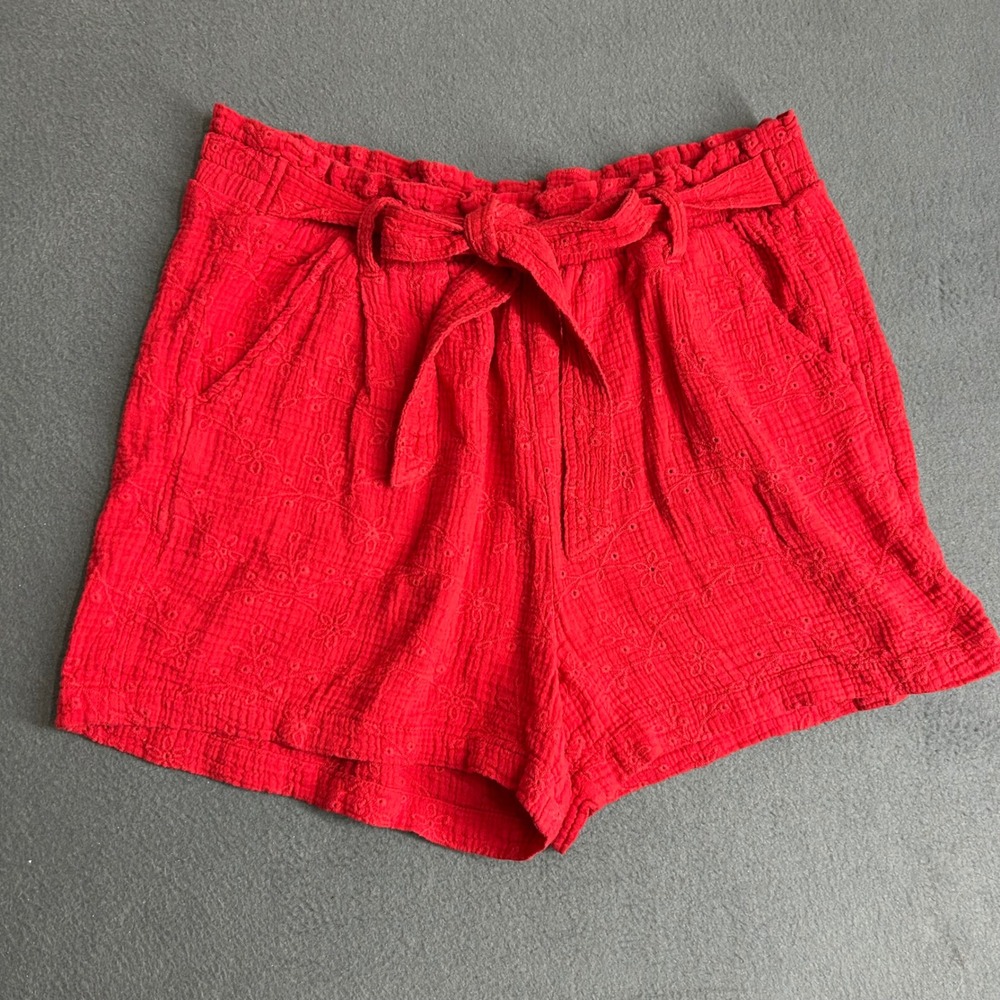 Knox Rose Shorts Women XL Red Eyelet Gauze Paperbag Waist Tie Front Boho Casual